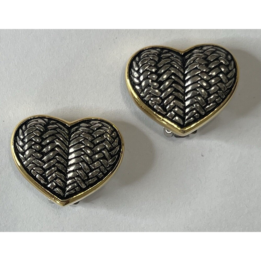 Vintage Basket Weave Raised Heart Shape 1980s Clip on earrings Gold Silver Tone